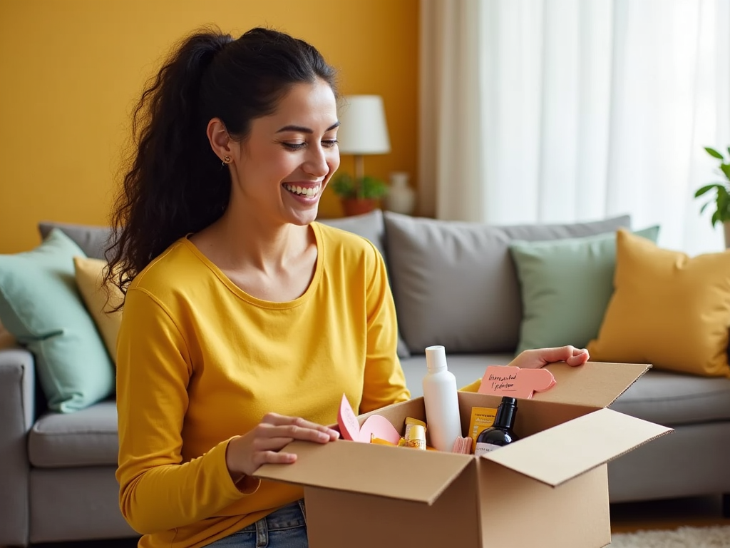 Woman smiling while unpacking a box of cosmetics in a sunny living room.