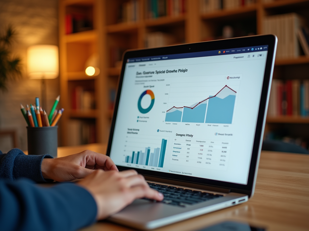 Person analyzing data on a laptop showing charts and graphs in a cozy room.