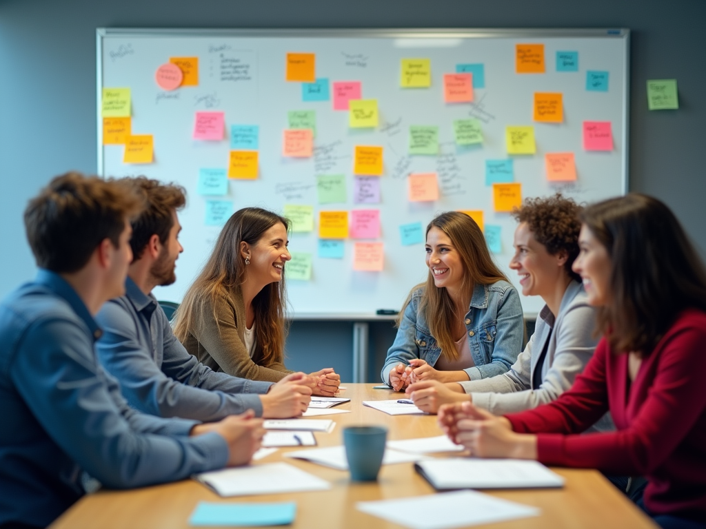 A diverse group of six people smile and engage in a lively discussion during a meeting, with notes on the board behind.