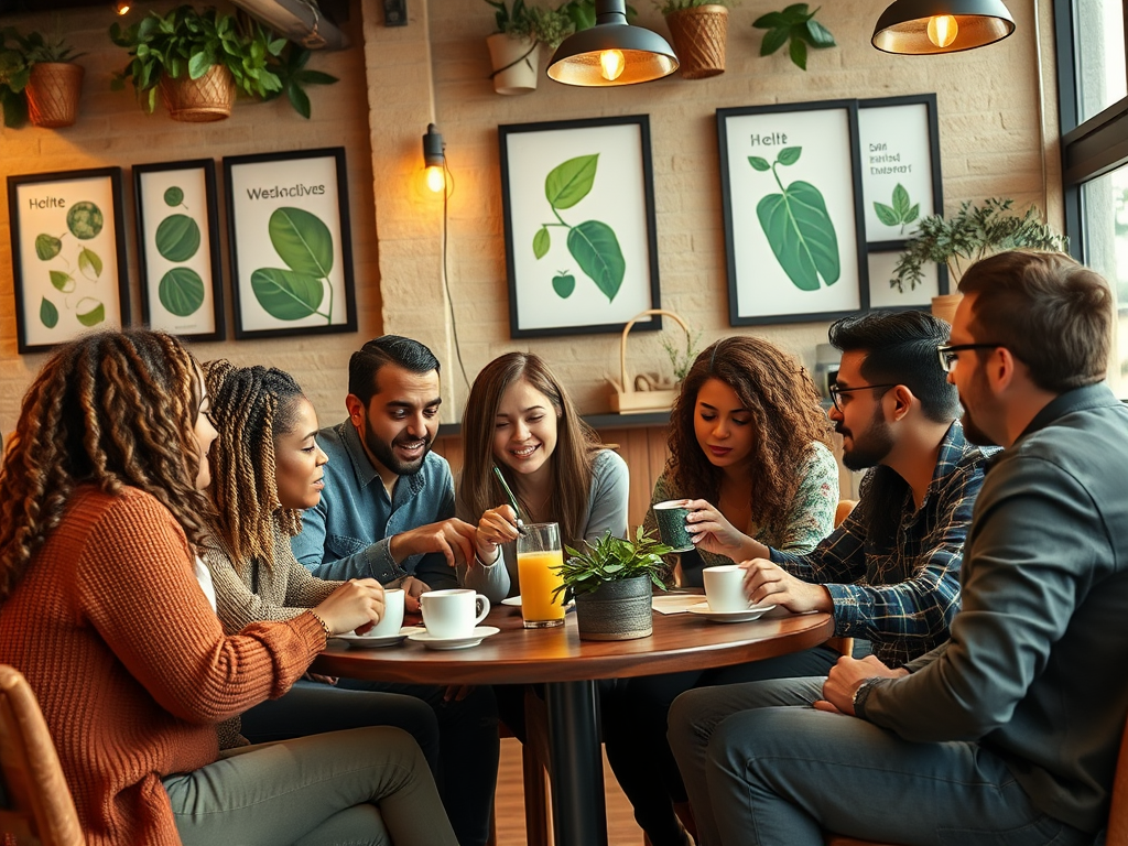 A diverse group of seven friends sits around a table, enjoying drinks and lively conversation in a cozy café.