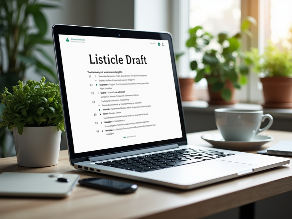 A laptop displays a "Listicle Draft" on a desk with a coffee cup and potted plants in the background.