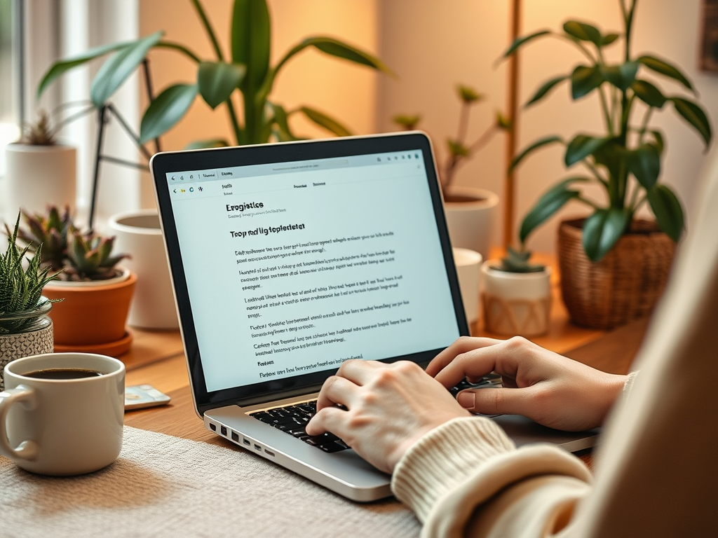 A person types on a laptop outdoors, surrounded by plants and a cup of coffee, creating a cozy workspace.