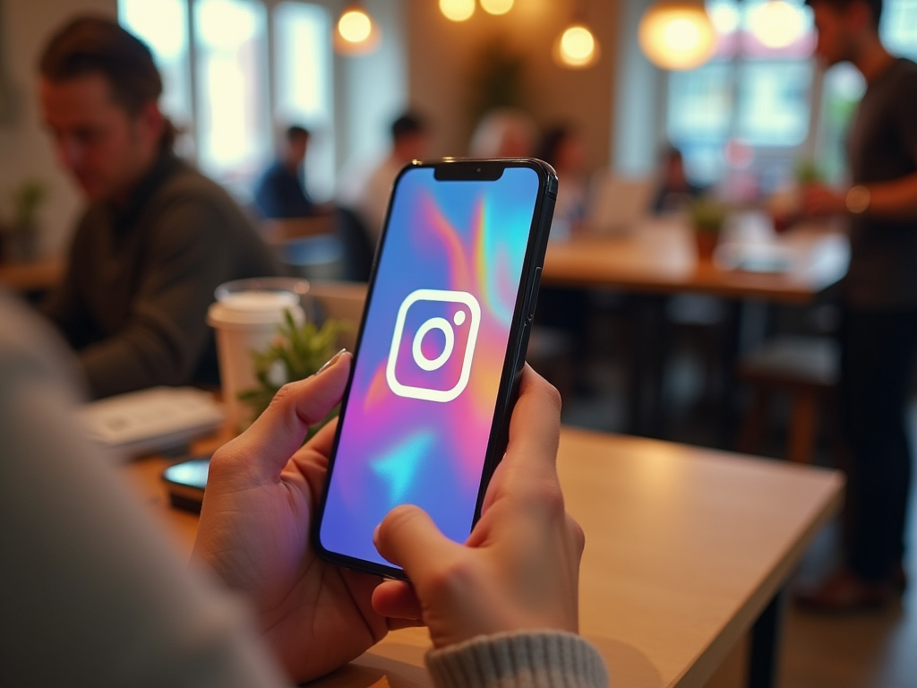 Person holding a smartphone displaying Instagram logo in a busy cafe.