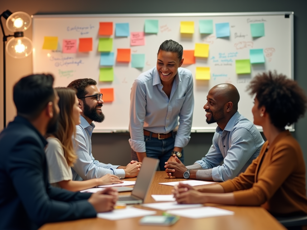 Diverse team laughing around a table in a brainstorming session with sticky notes on whiteboard.