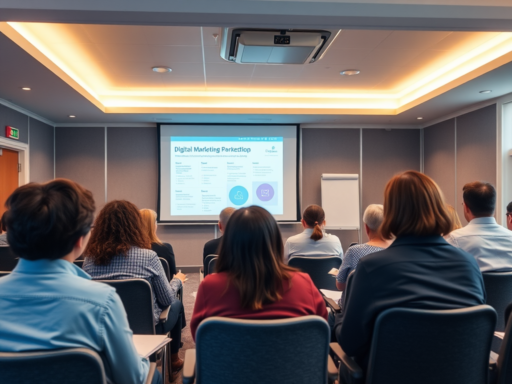 A group of people seated in a conference room, viewing a presentation on Digital Marketing.