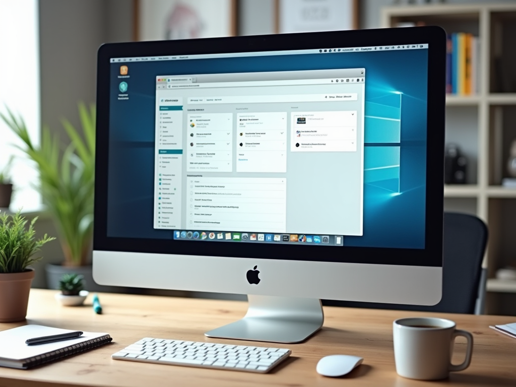 iMac on a desk displaying a project management software interface, with a coffee cup and notebook nearby.