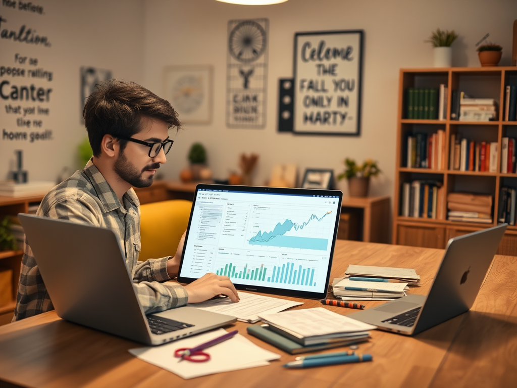 A young man works on multiple laptops, analyzing data charts in a cozy home office with bookshelves.