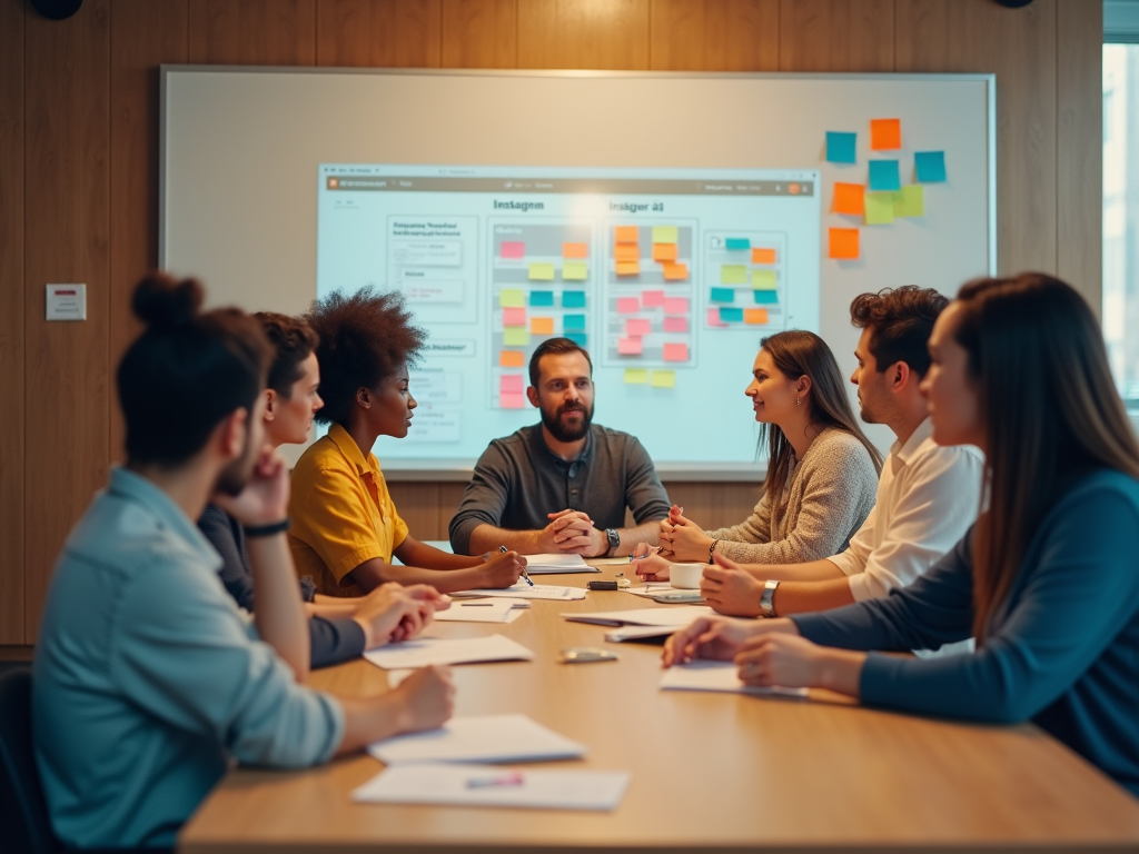 Diverse group of professionals discussing in front of a digital screen with post-it notes.