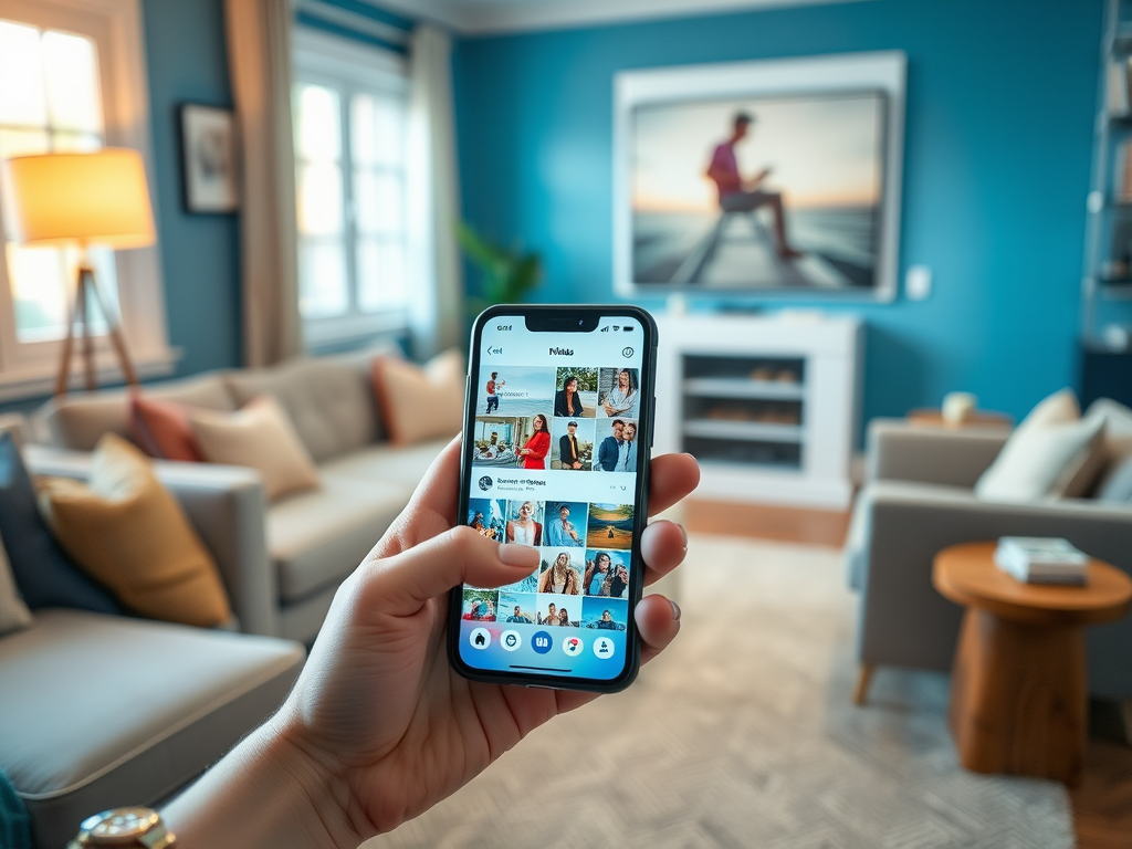 A hand holds a smartphone displaying a photo gallery in a cozy living room with blue walls and bright decor.