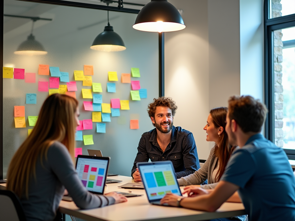 Four professionals discussing near laptops with colorful sticky notes on glass wall.