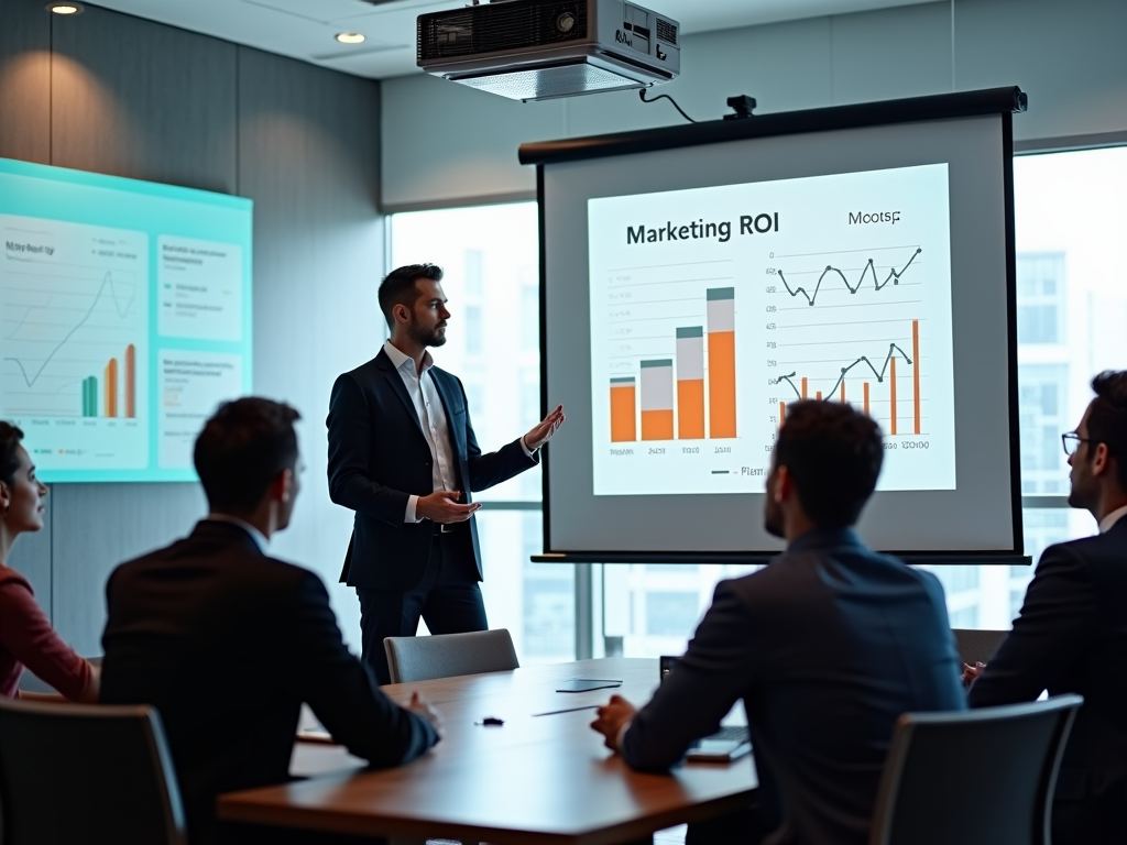 A man presents marketing ROI data to colleagues in a modern office conference room.