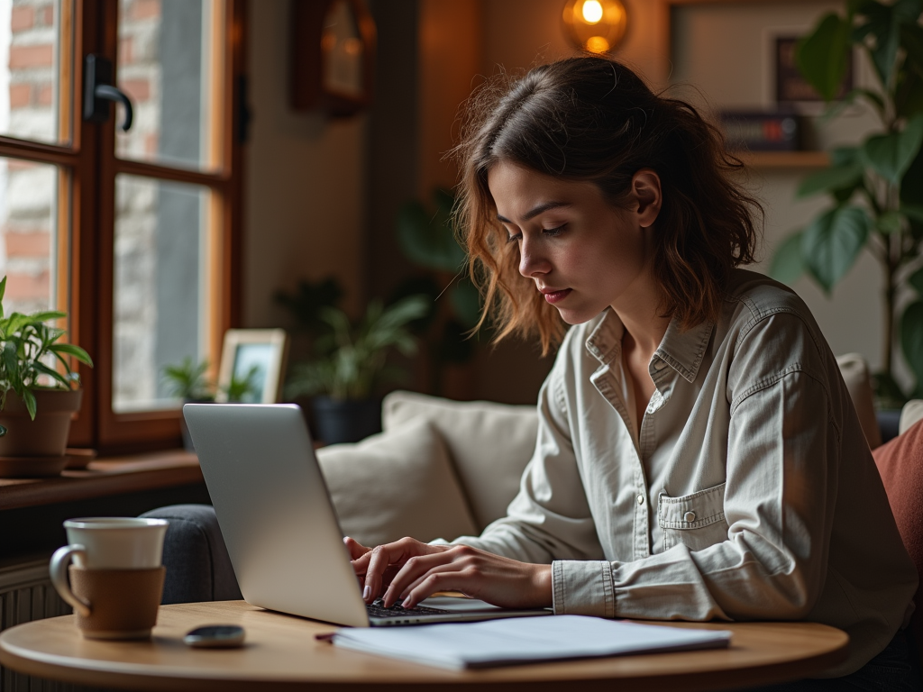 A woman in a shirt typing on a laptop in a cozy room with plants and natural light from the windows.