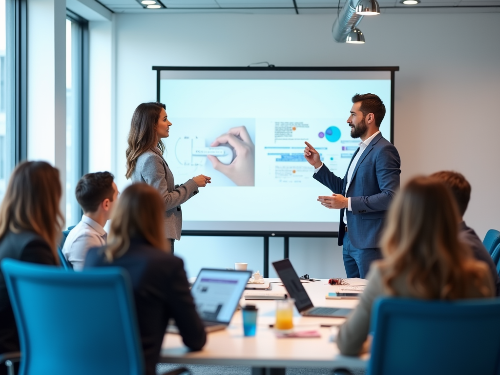 A professional presentation in a conference room, featuring a woman and a man discussing data on a screen.