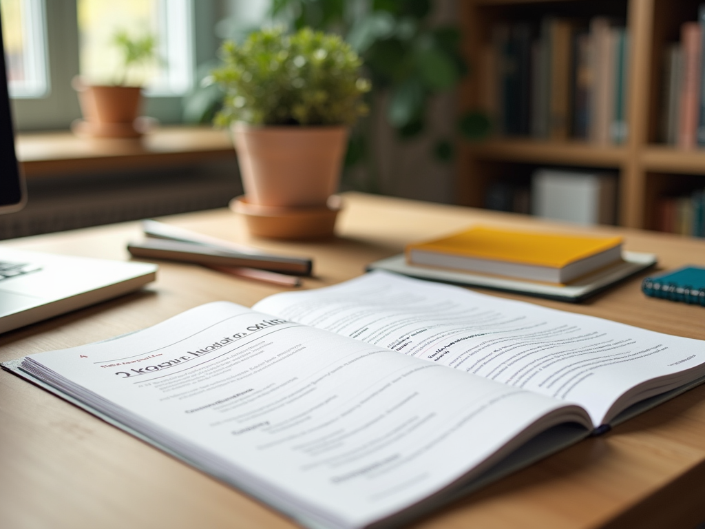 An open book on a desk, next to a laptop, stationery, and a potted plant, with shelves of books in the background.