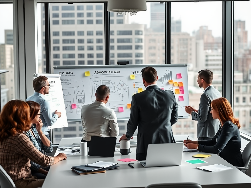 A group of professionals collaborates in a modern office, discussing strategies using charts and notes on a large board.