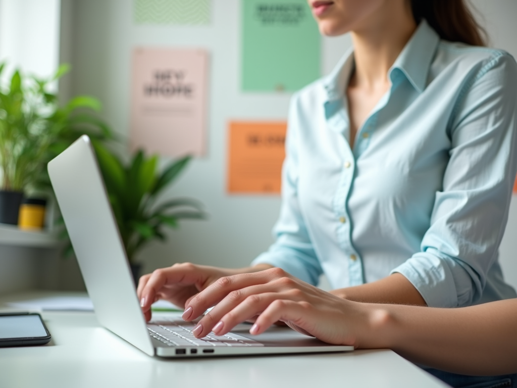 A woman in a light blue shirt types on a laptop, with green plants and colorful posters in the background.