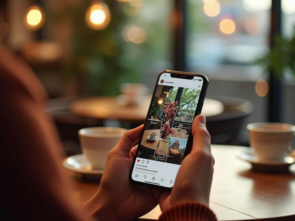 Person viewing a cafe Instagram post on their phone in a cozy setting with warm lighting.