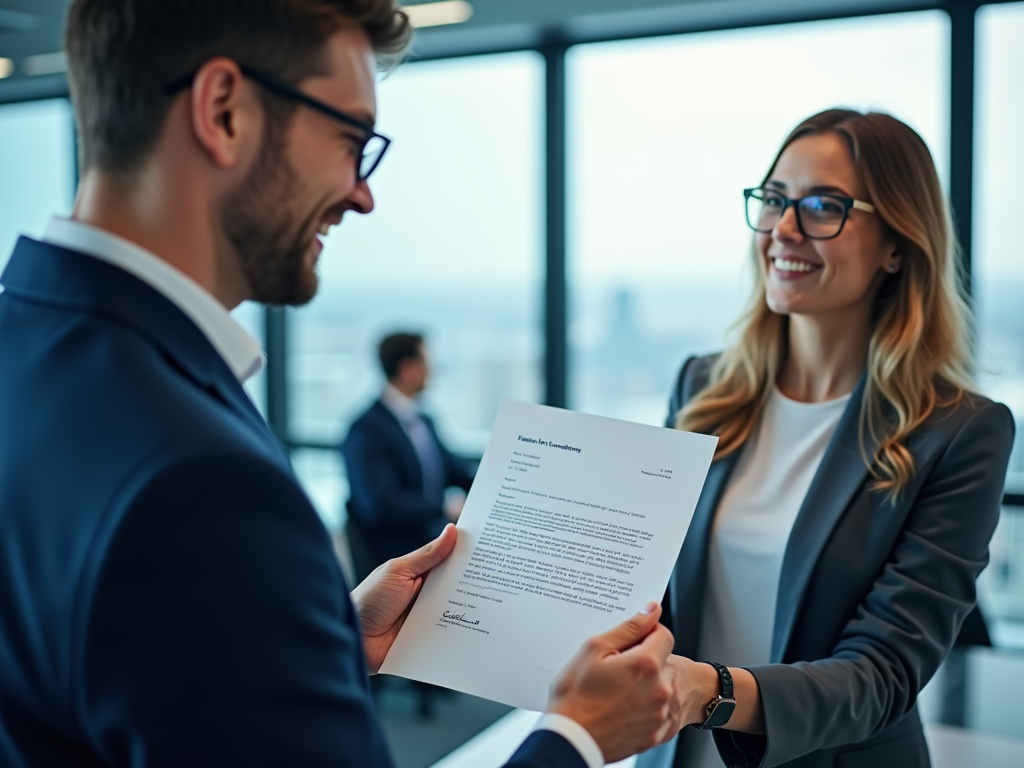 A smiling man hands a document to a woman in an office, while another person is visible in the background.