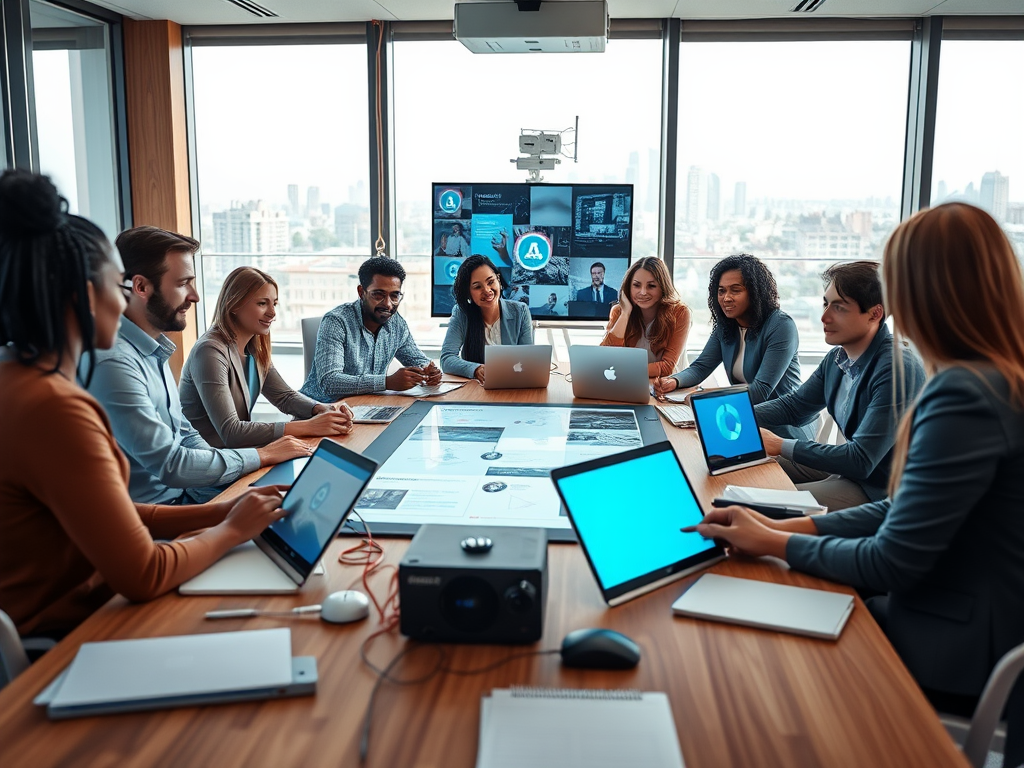 A diverse group of professionals engaged in a meeting with laptops and a screen displaying presentations.