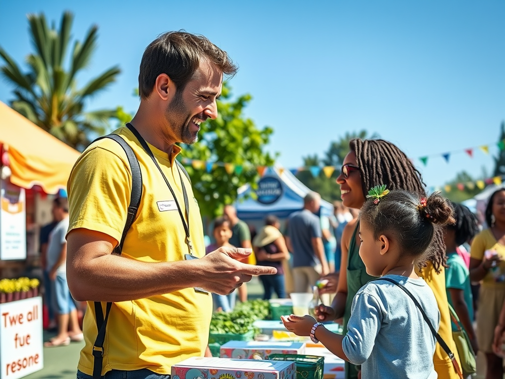 A cheerful interaction at a vibrant outdoor market, featuring a smiling man and two women with a child.