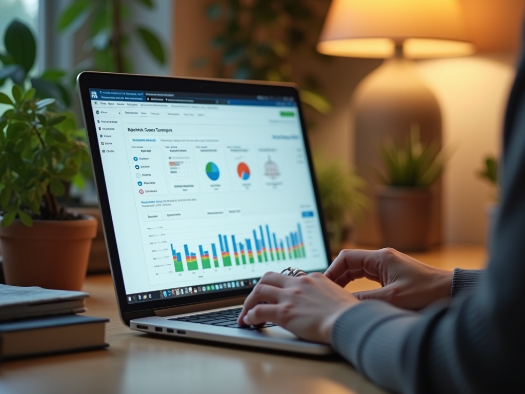 Person analyzing data charts on a laptop with a cozy indoor plant setting.