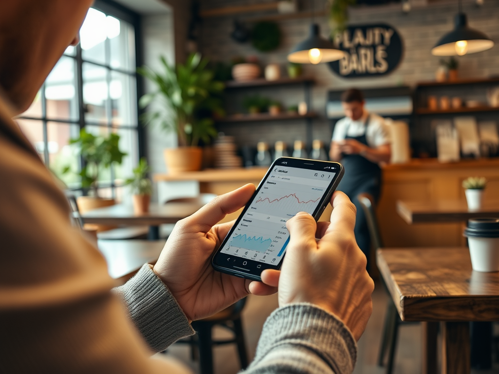 A person holds a smartphone displaying financial graphs in a cozy café setting, with a barista in the background.