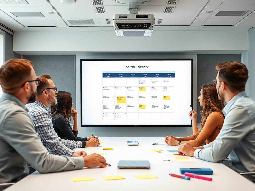 A team meeting in a conference room discussing a content calendar displayed on a projector screen.