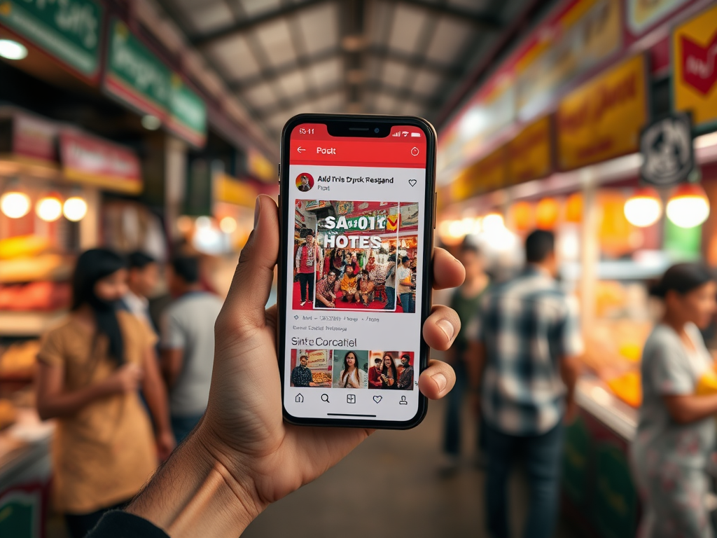 A hand holding a smartphone displaying a post about hotels, with a vibrant market scene in the background.