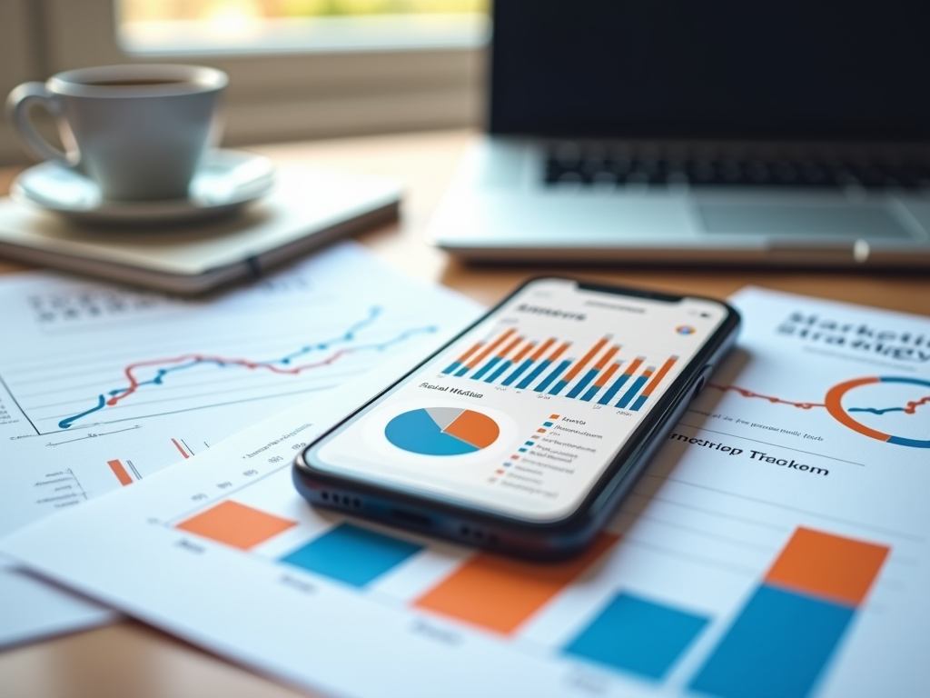 Smartphone displaying analytics on screen with charts, next to a laptop and coffee cup on desk.