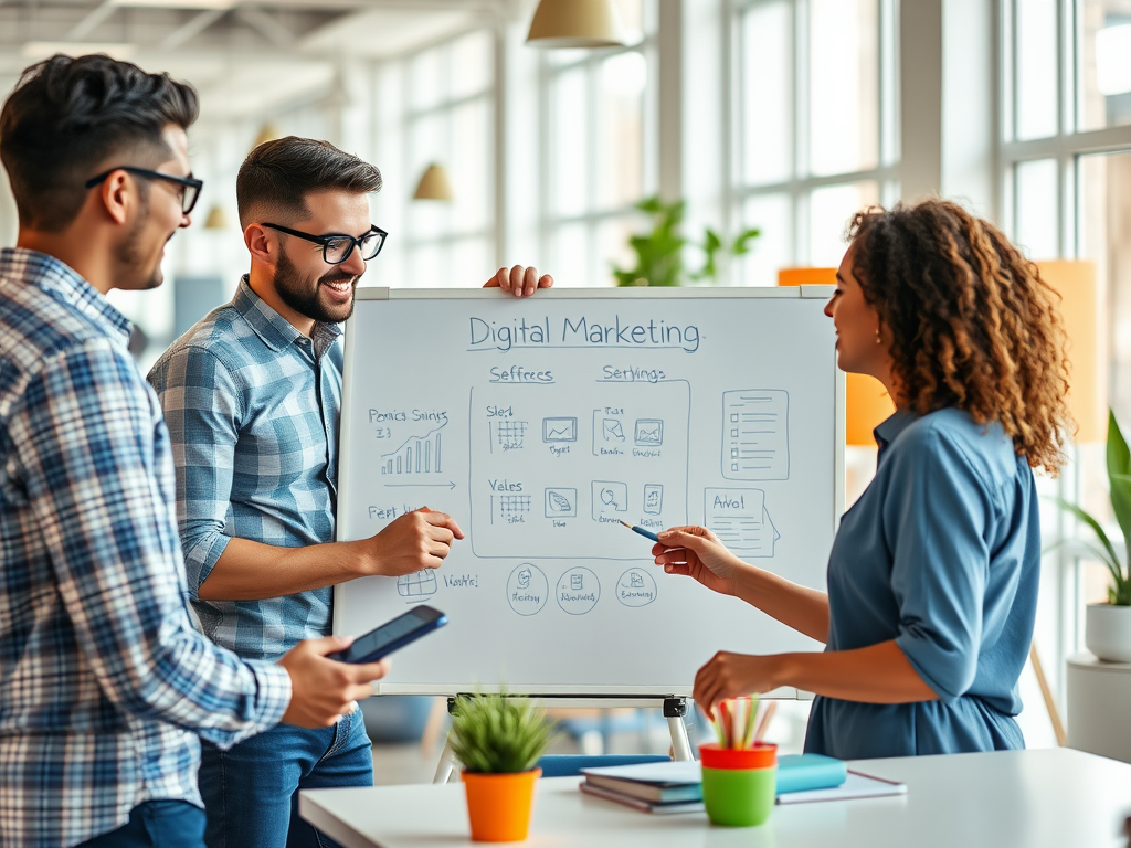 Three professionals collaborate in a modern office, discussing digital marketing strategies with a whiteboard presentation.