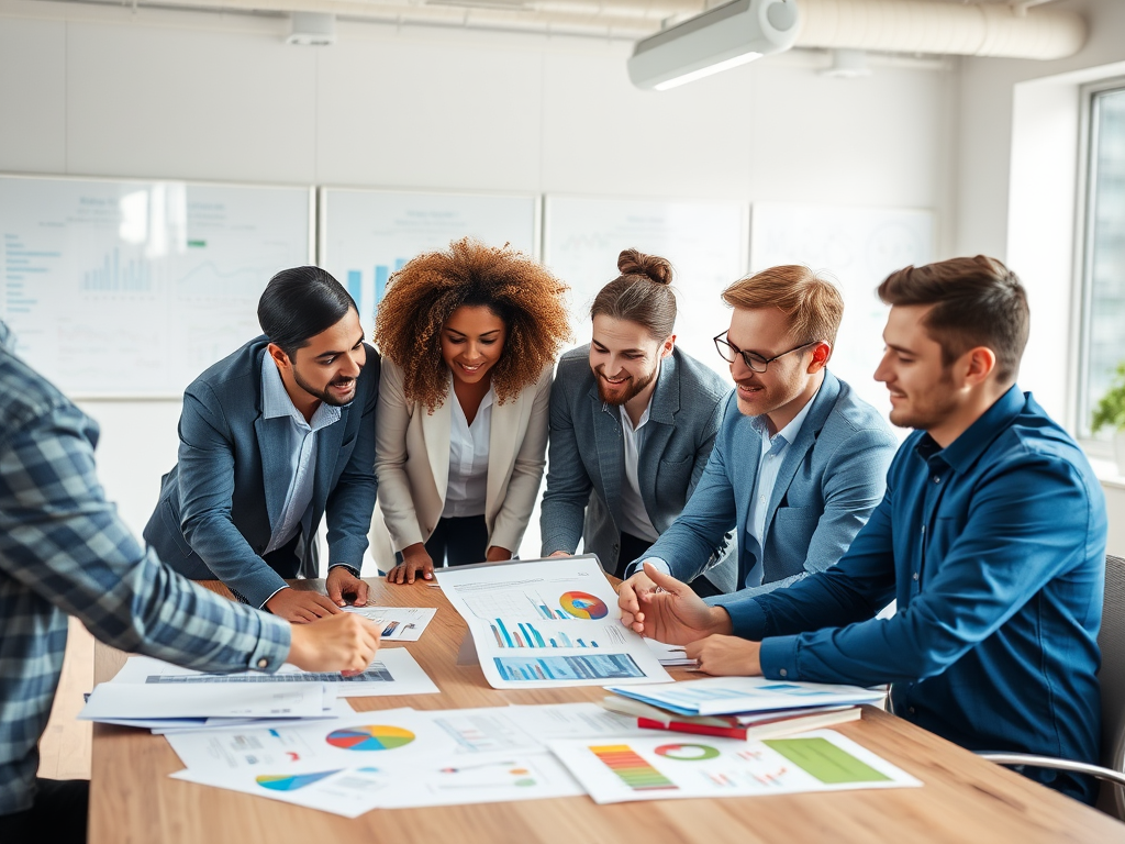 A diverse group of professionals collaborates around a table filled with reports and charts in a bright office setting.