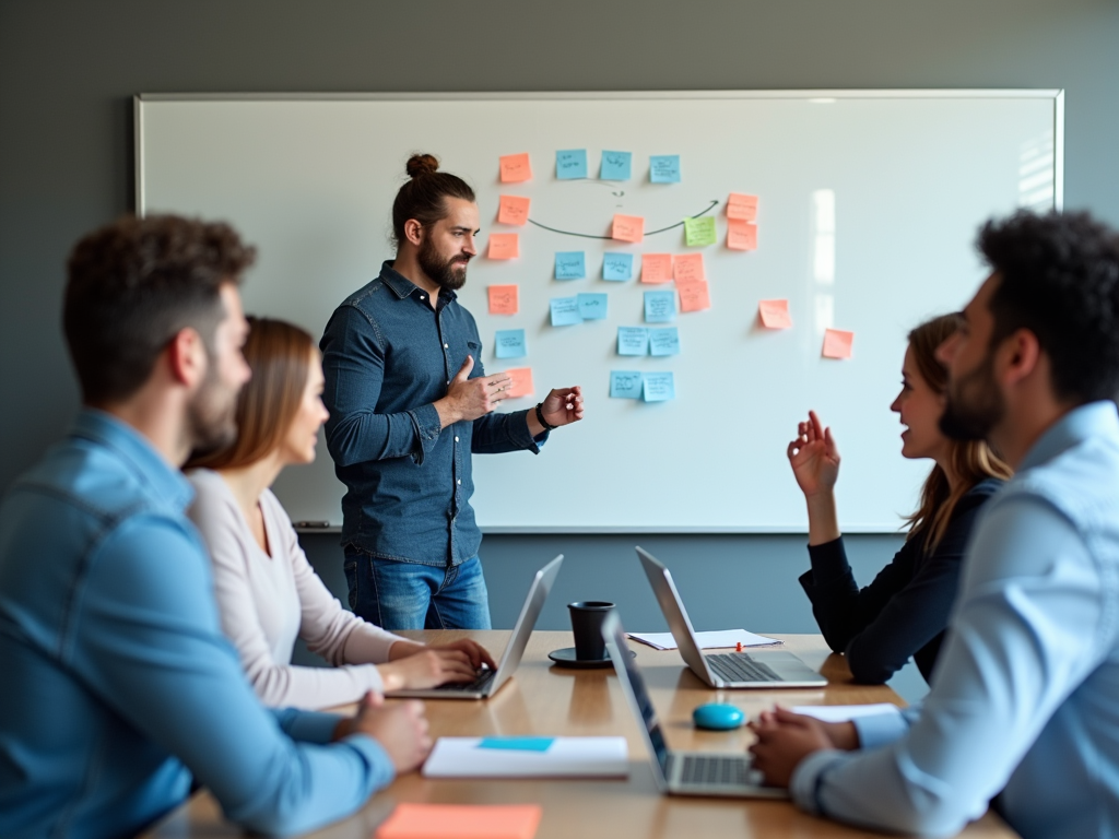 Man leading brainstorming session with team using sticky notes on whiteboard.