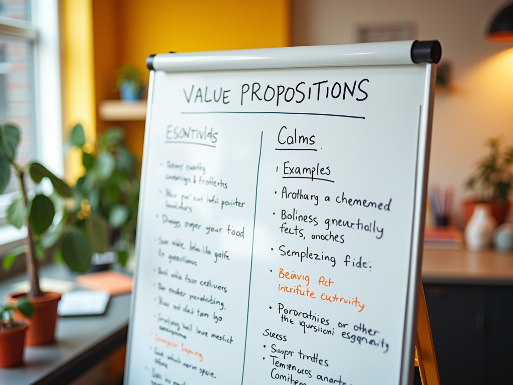 A whiteboard displaying "Value Propositions" with two lists: "Essentials" and "Calms" featuring various examples.